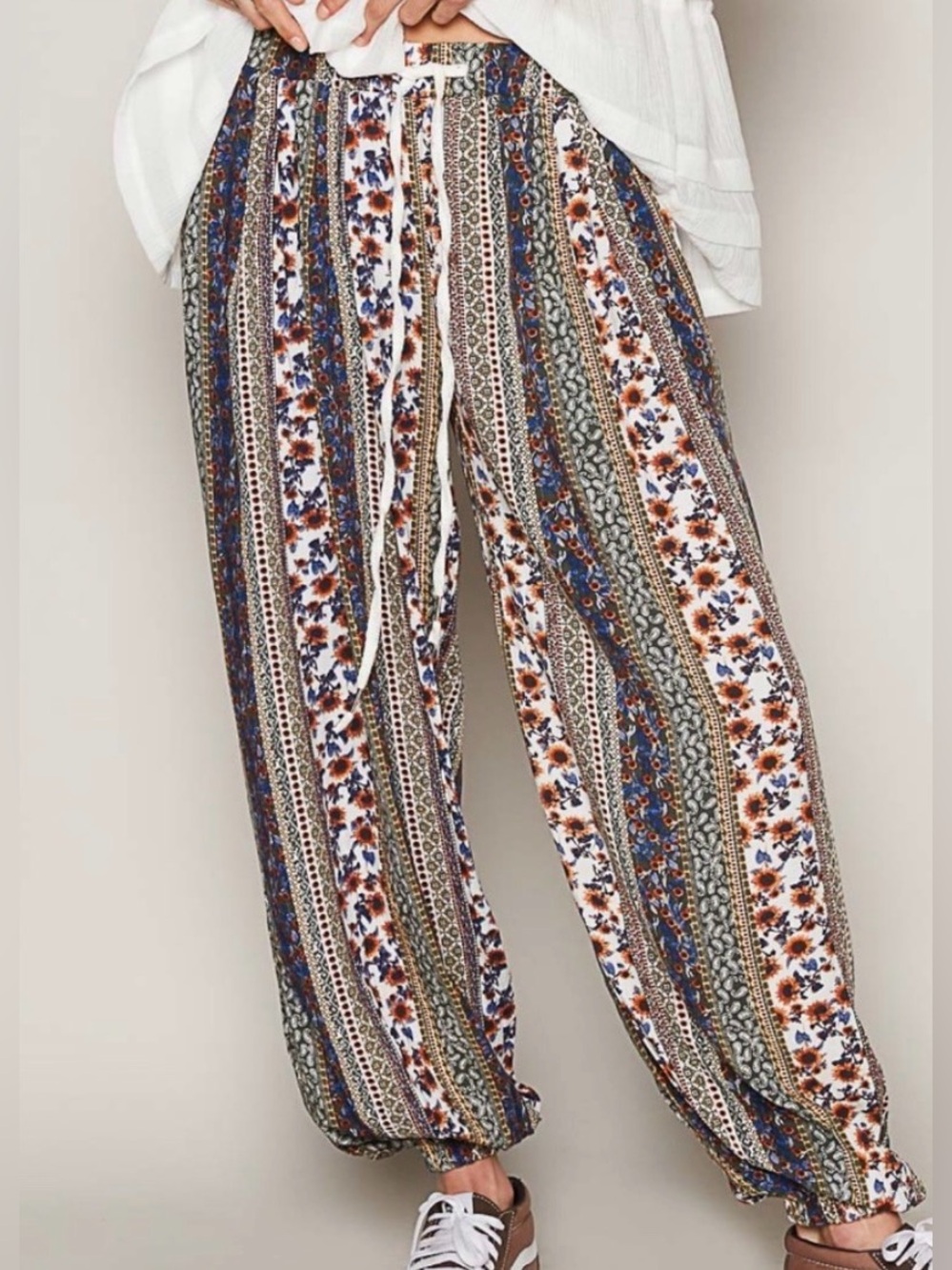 POL Printed Boho Stripe Jogger Pants in White, Blue & Brown